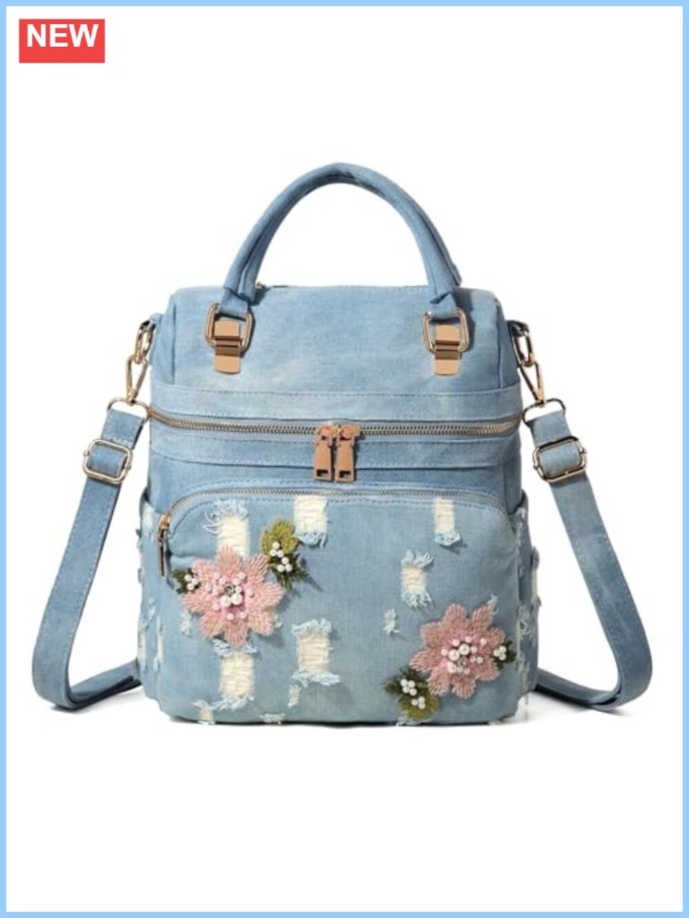 Washed Denim Backpack Purse for Women Distressed Daypack Fashion Blue Jean bag